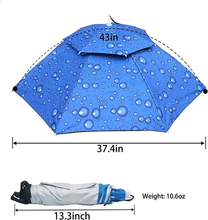 Blue hands-free umbrella hat with water droplets, 37.4in foldable canopy size