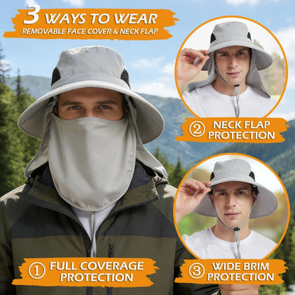 Light grey bucket sun hat with wide brim and full neck flap face cover