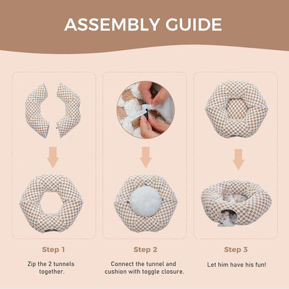 Beige checkered donut cat tunnel bed with zipper closure and circular opening