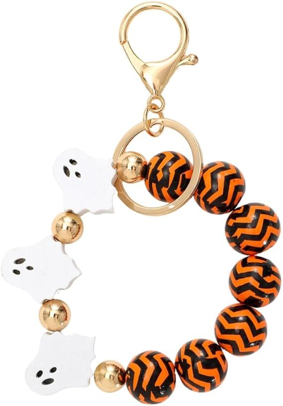 Halloween beaded keychain ring with orange zigzag beads and white ghost charms