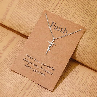 Silver cross pendant necklace with Faith script charm on a chain
