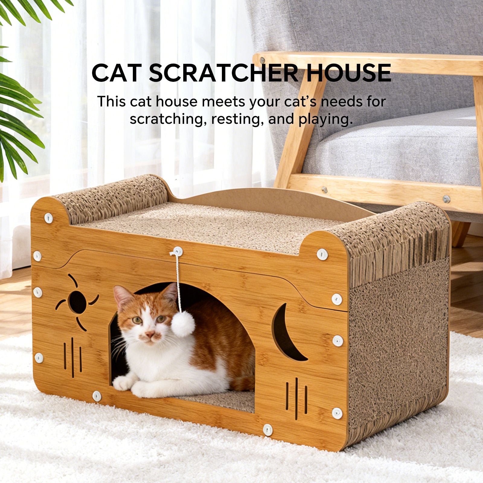 Wooden cat scratcher house with cave opening, beige corrugated sides, and hanging ball toy