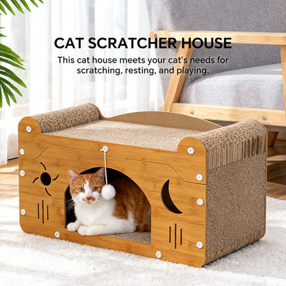 Wooden cat scratcher house with cave opening, beige corrugated sides, and hanging ball toy