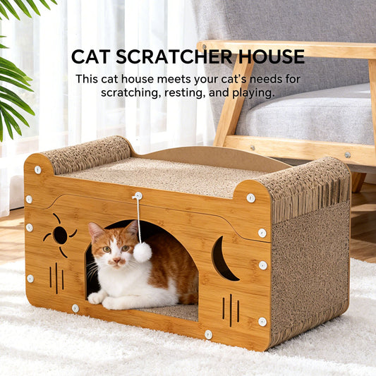 Wooden cat scratcher house with cave opening, beige corrugated sides, and hanging ball toy