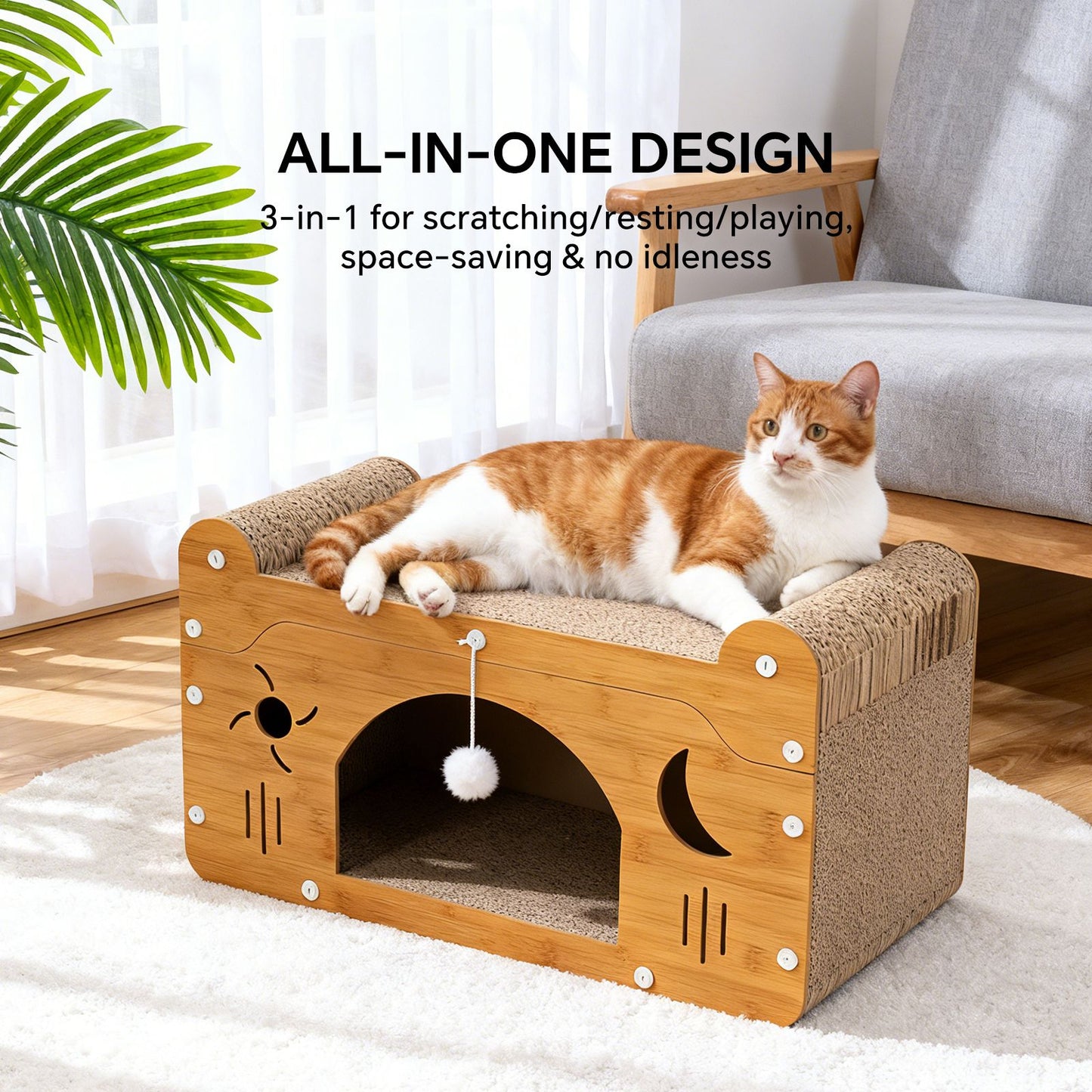 Wooden cat scratcher house with front cave opening, beige corrugated scratch pads, hanging ball