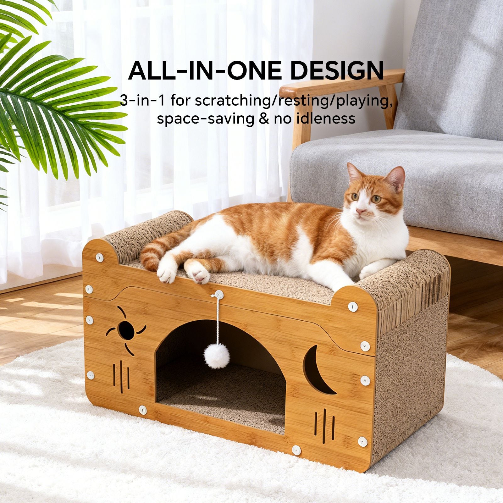 Wooden cat scratcher house with front cave opening, beige corrugated scratch pads, hanging ball