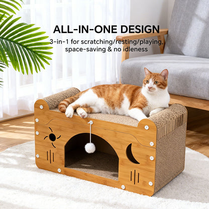 Wooden cat scratcher house with front cave opening, beige corrugated scratch pads, hanging ball