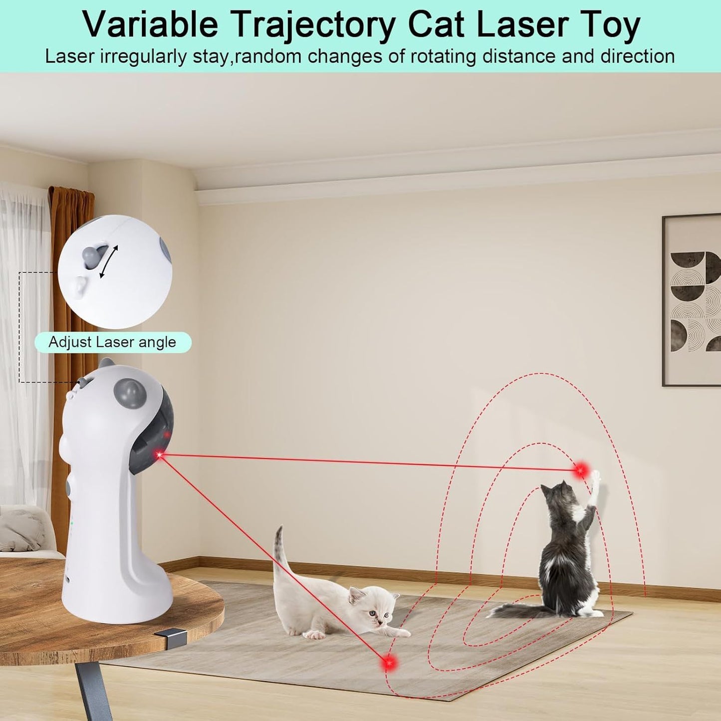 White automatic laser cat toy projecting red curved trajectory dots to two cats