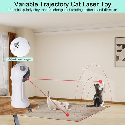 White automatic laser cat toy projecting red curved trajectory dots to two cats