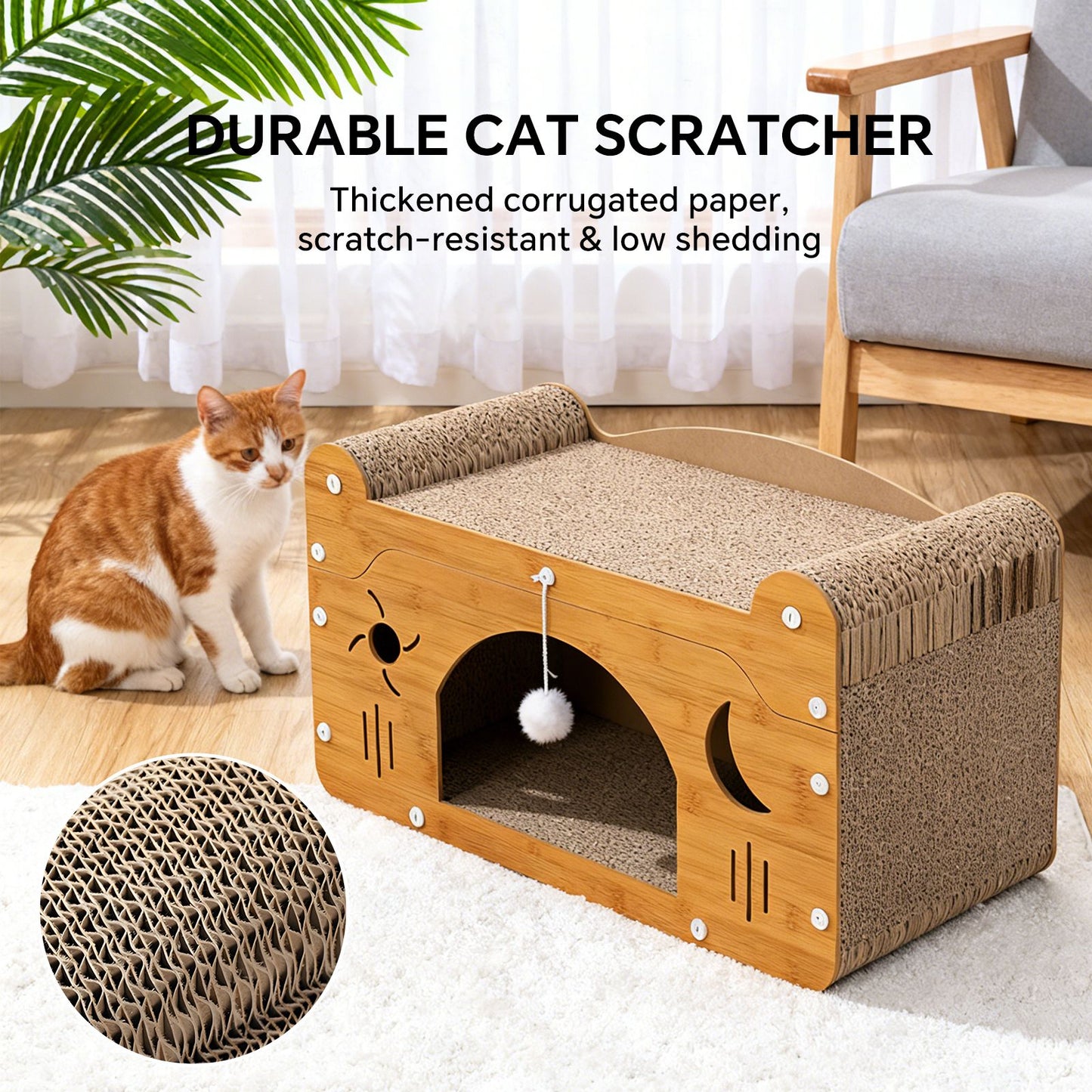 Wooden cat scratcher house with cave opening, beige corrugated scratching surface, hanging ball