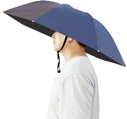 Navy blue umbrella hat with black trim and chin strap, hands-free sunshade