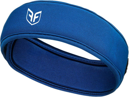 Royal blue protective headband with PF logo, padded oval design with central opening