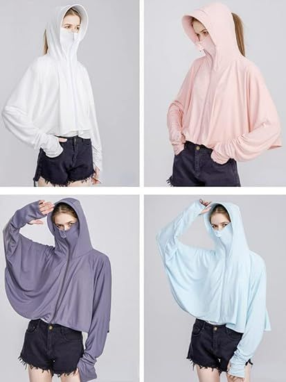 Hooded sun protective jacket set with full-zip, multiple colors shown (white, pink, blue)