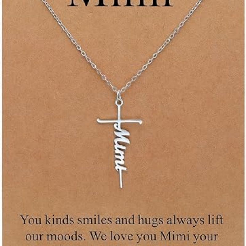 Cross pendant necklace with silver chain and Mimi cursive charm