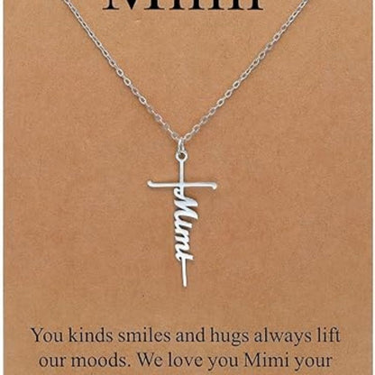 Cross pendant necklace with silver chain and Mimi cursive charm