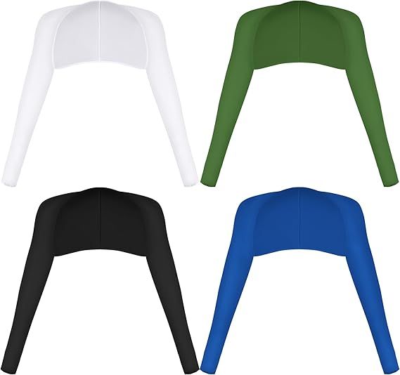 Cooling shawls in white, green, black, and blue with long sleeves and curved open front