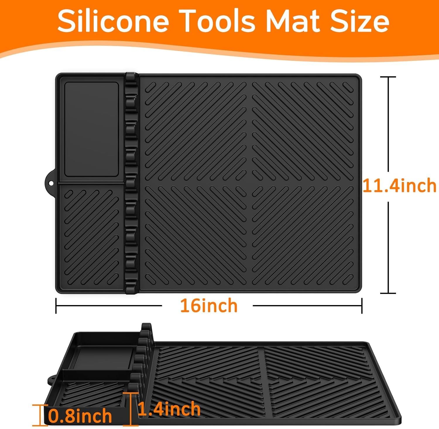 Black silicone tools mat with textured anti-slip surface and built-in utensil holders