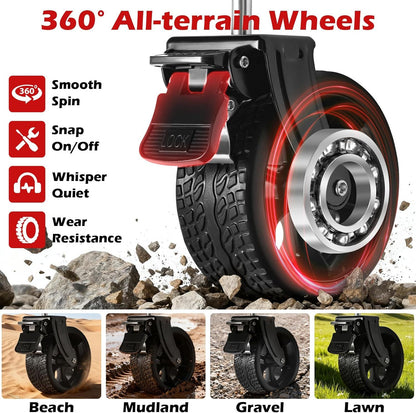 Black all-terrain wagon wheels with smooth-rolling tire tread