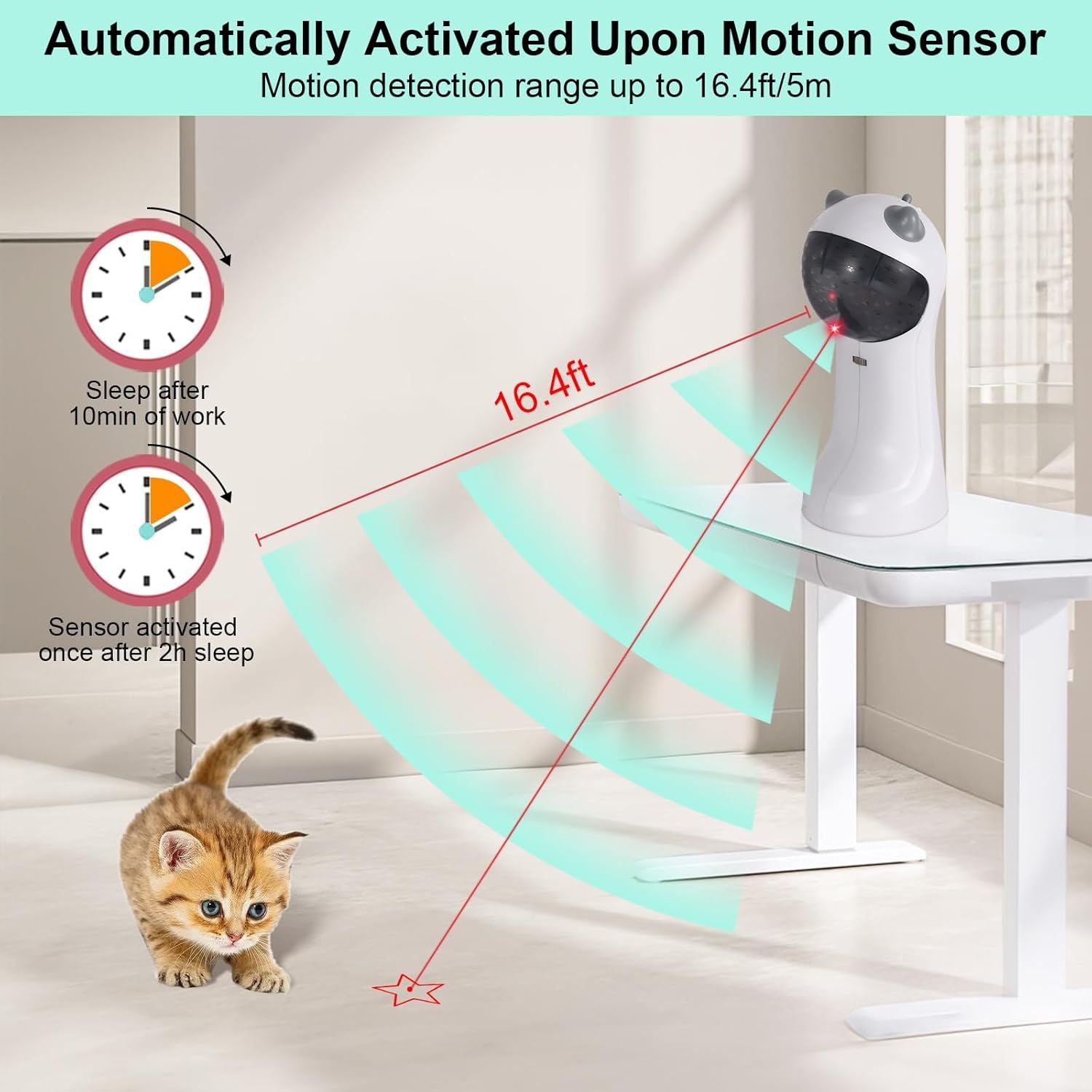 White automatic laser cat toy with red dot and wide blue motion coverage, near cat