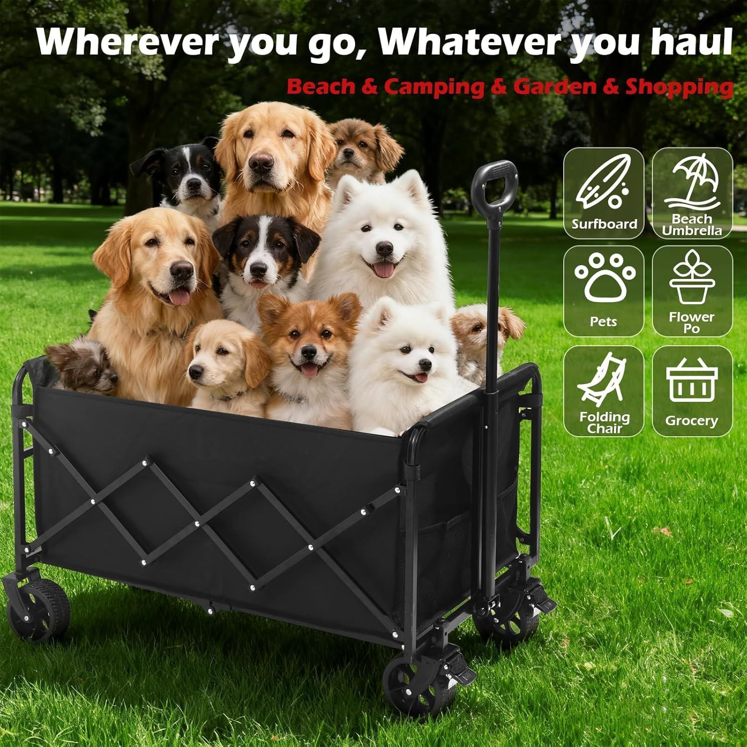 Black folding wagon cart with handle and four wheels holding pets