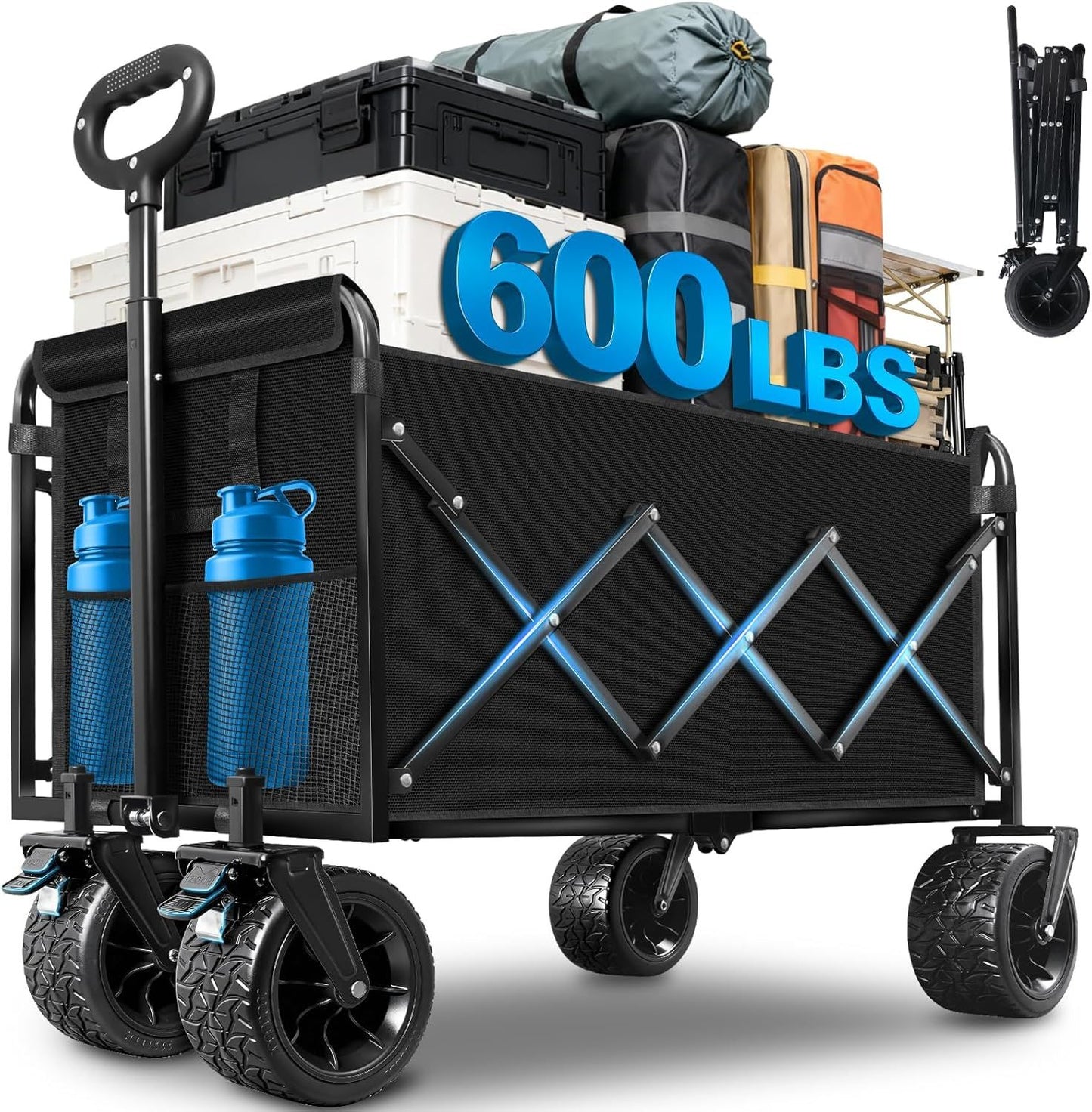 Foldable wagon cart with wheels, side bottle holders and reinforced frame