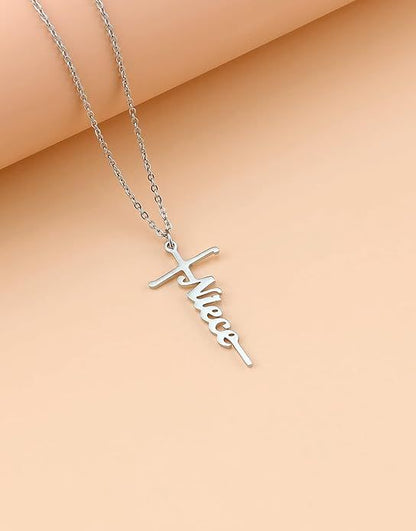 Cross pendant necklace with cursive Mimi charm on a silver-tone chain