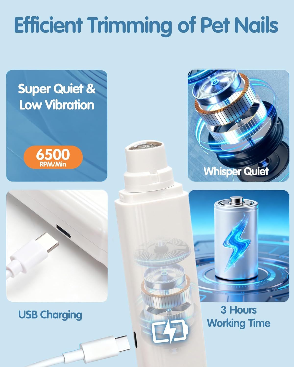 White electric pet nail grinder with LED display, quiet low-vibration motor, USB charging.