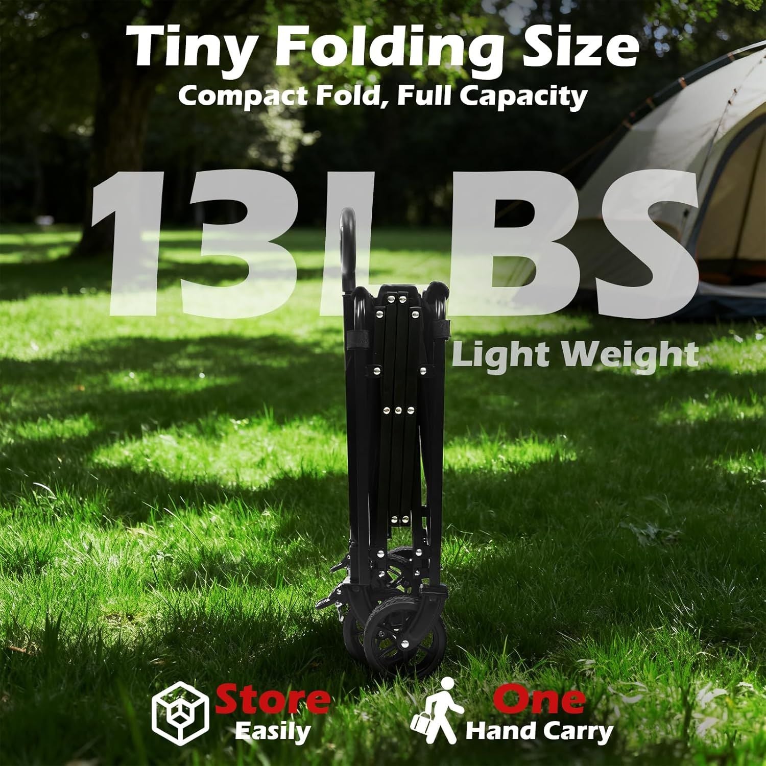 Black folding wagon cart in compact upright position with wheels