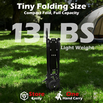 Black folding wagon cart in compact upright position with wheels