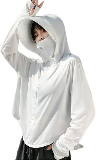 Women’s white full-zip sun protective jacket with hood and long sleeves