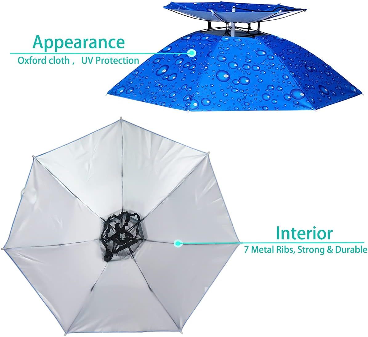 Waterproof hands-free umbrella hat with blue and white canopies, UV protection fabric