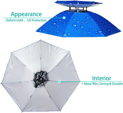 Waterproof hands-free umbrella hat with blue and white canopies, UV protection fabric