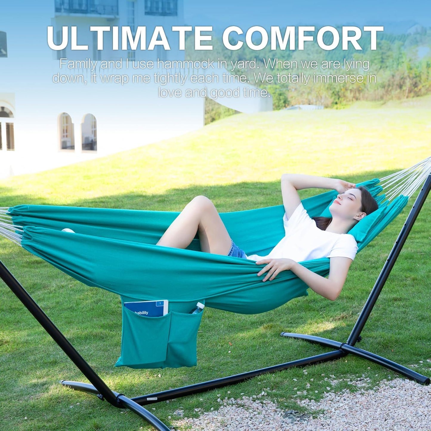 Double hammock with stand, teal hammock with side storage bag on black metal legs