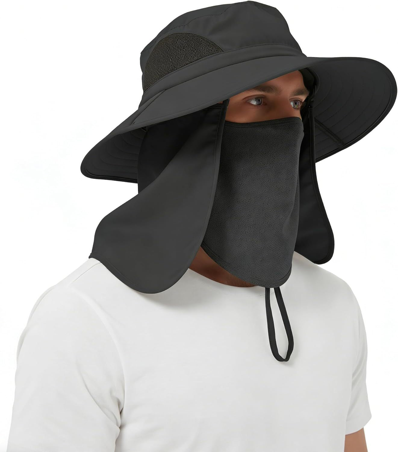 Black wide-brim sun hat with chin strap and face shield