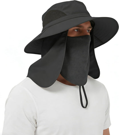 Black wide-brim sun hat with chin strap and face shield