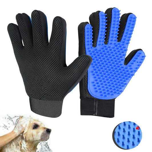 Pet grooming glove with blue silicone tips and black mesh backing for shedding and brushing