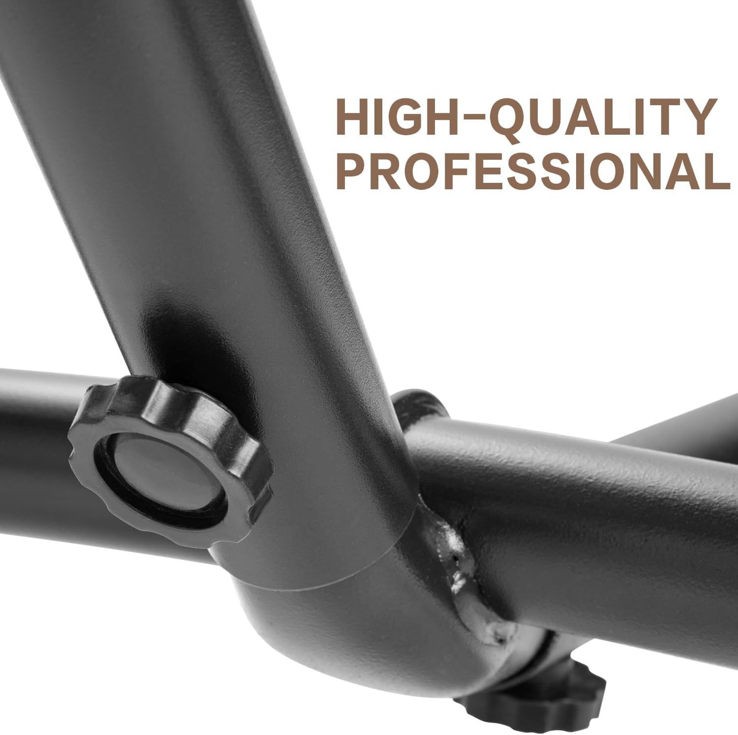 Black steel hammock stand joint and bracket, close-up detail.