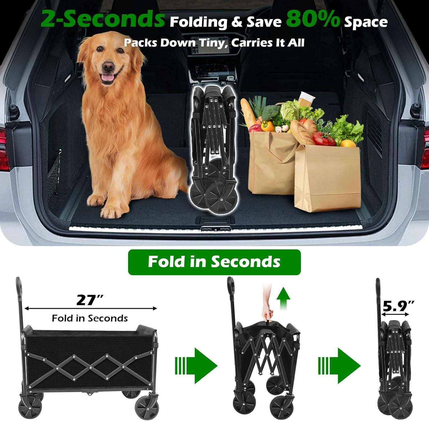 Black folding wagon cart folded open, holding bags and dog in car trunk