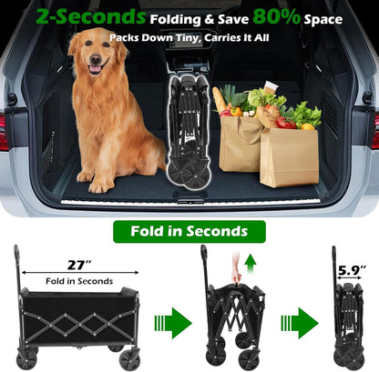 Black folding wagon cart folded open, holding bags and dog in car trunk