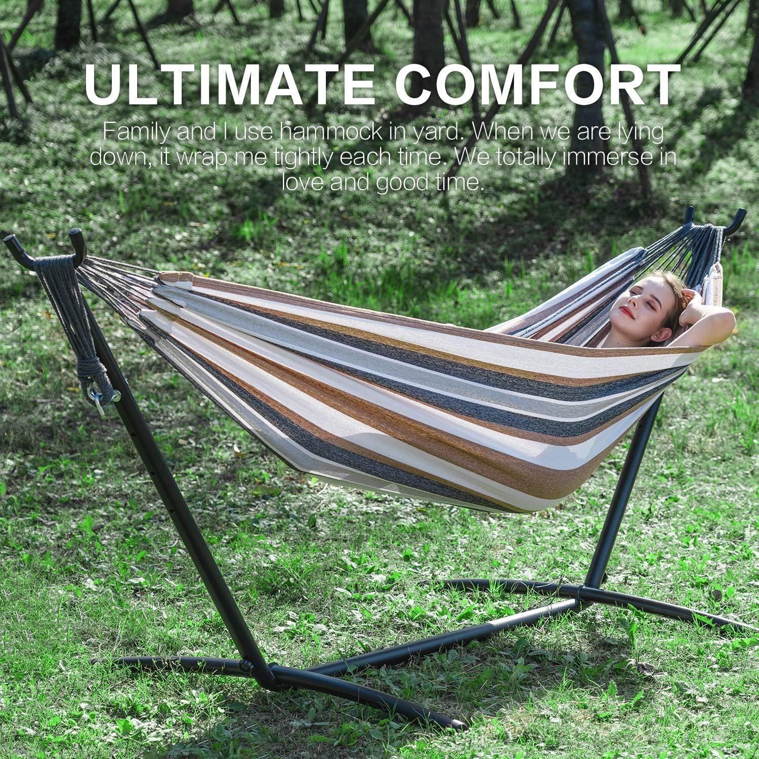 Double hammock with stand, gray and beige striped hammock with black frame outdoors