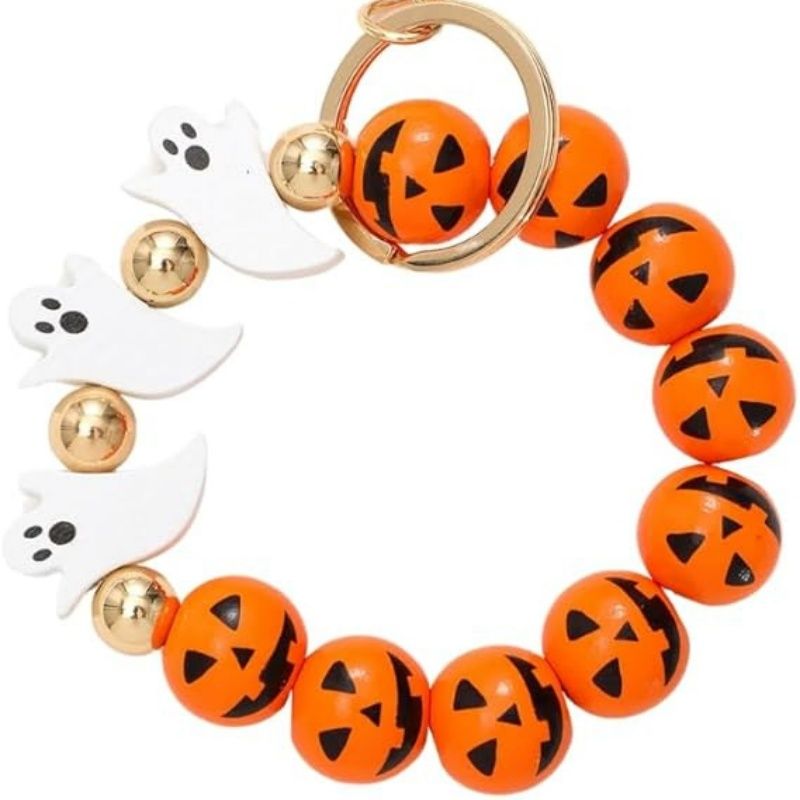 Halloween beaded keychain ring with orange pumpkin beads and white ghost charms