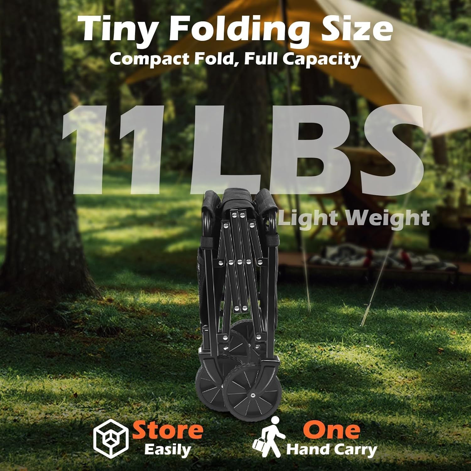 Black compact folding wagon cart, upright folded for easy carry