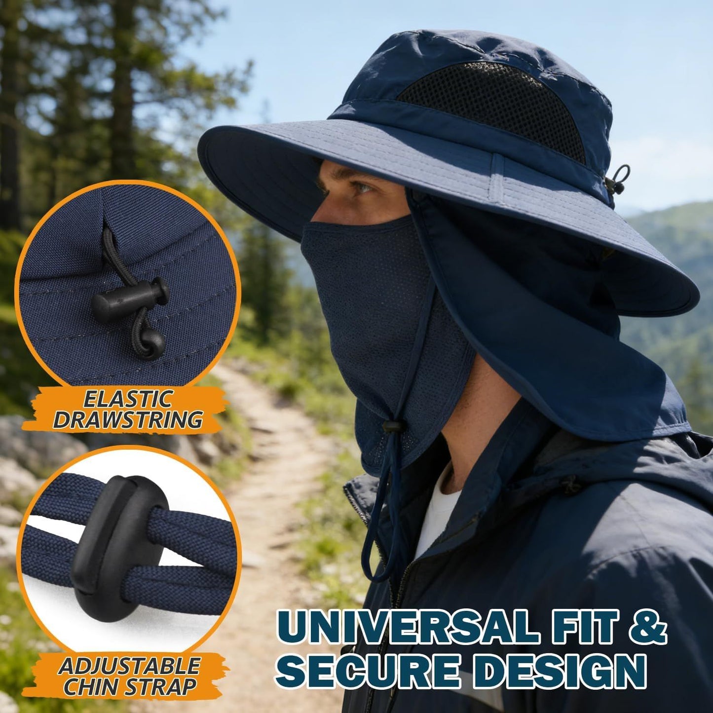 Navy wide-brim bucket hat with mesh crown, chin strap, and elastic side drawstring.