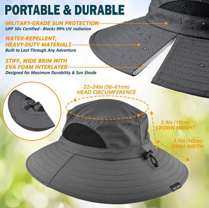 Grey wide brim bucket hat with neck flap and adjustable chin strap