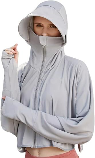 Women’s light grey full-zip sun jacket with attached hood and long sleeves