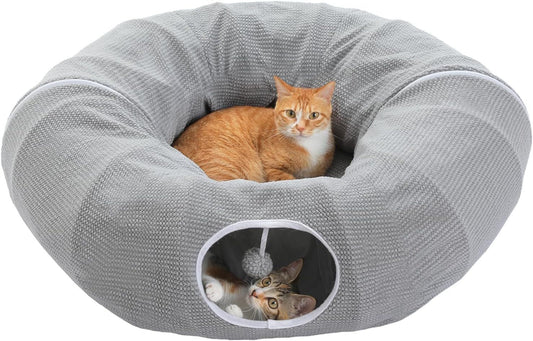 Gray cat donut tunnel bed with plush cushion and front side entrance opening