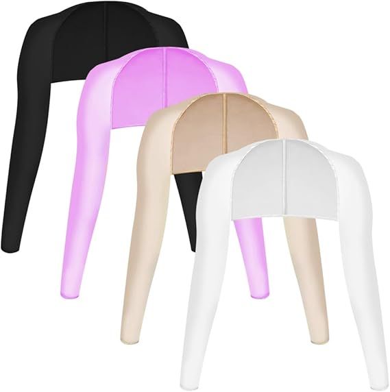 Pack of cooling shawls in black, purple, beige, and white with V-shaped design.