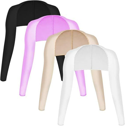 Pack of cooling shawls in black, purple, beige, and white with V-shaped design.