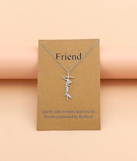 Silver-tone cross with “Friend” cursive pendant on a fine chain necklace
