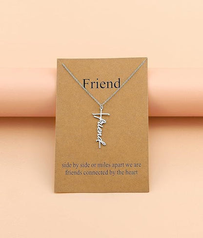 Silver-tone cross with “Friend” cursive pendant on a fine chain necklace